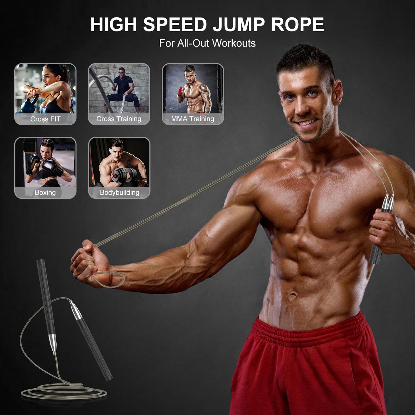 CRHOEIQ Speed Jump Rope for Men Women, Fitness Skipping Rope with Aluminium Handle and 2 Ropes, Self-Locking Design Adjustable Jumping Rope for Adult Workout Boxing
