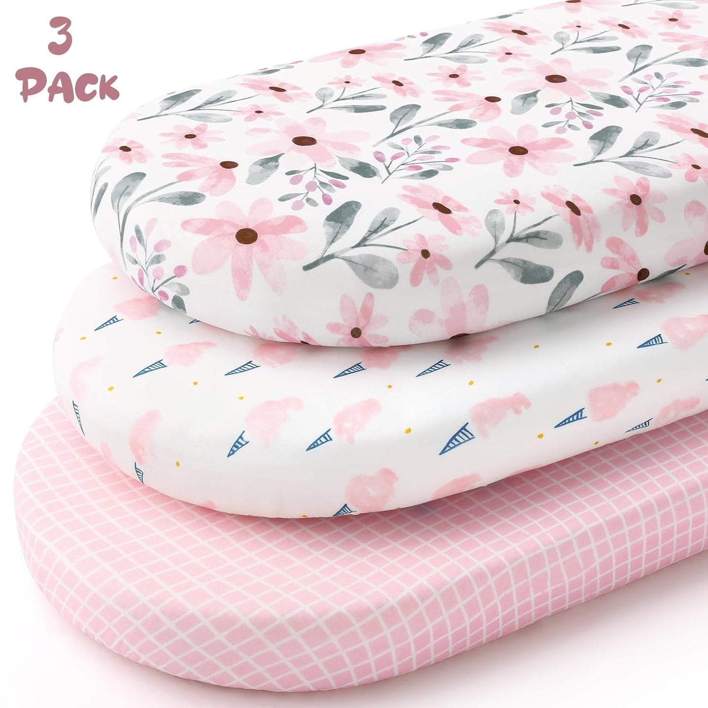 Yoofoss Bassinet Sheets - 3-Pack Fitted Sheets for Halo Bassinest | Soft & Breathable (Pink & Floral)