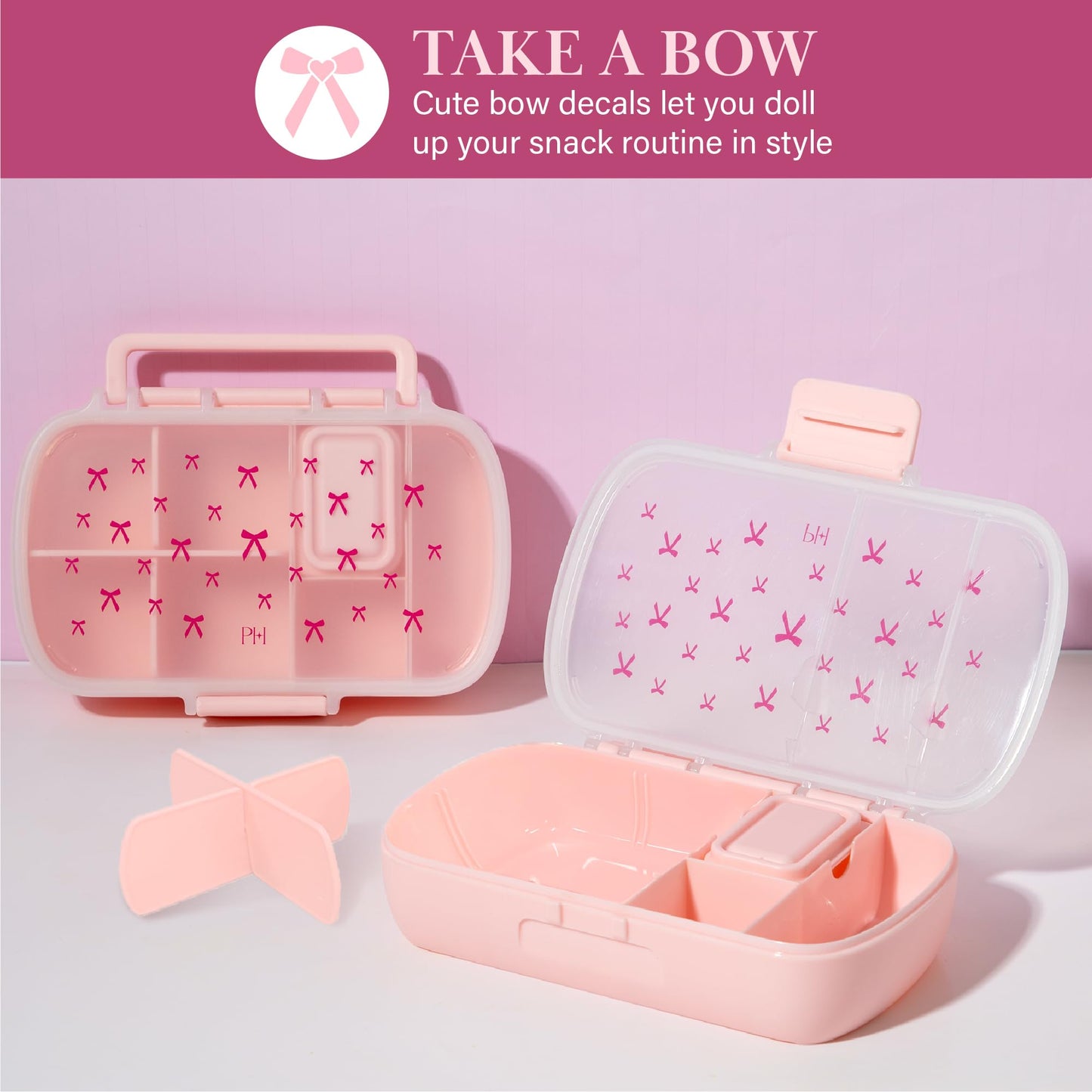 Paris Hilton 2-Pack Bento Style Snack Boxes, 7-Compartment Lunch Containers with Built-In Phone Stand, Removable Dividers and Dip Containers, Pink Bow Print