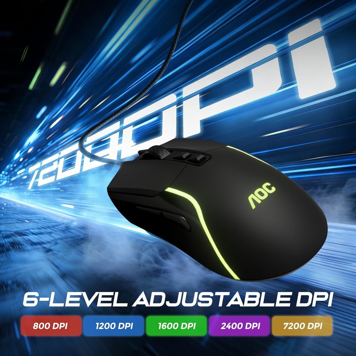 AOC 7200DPI 7 Programmable GM170 Wired Gaming Mouse, RGB Ergonomic Computer Mouse with Optical Sensor Game Corded