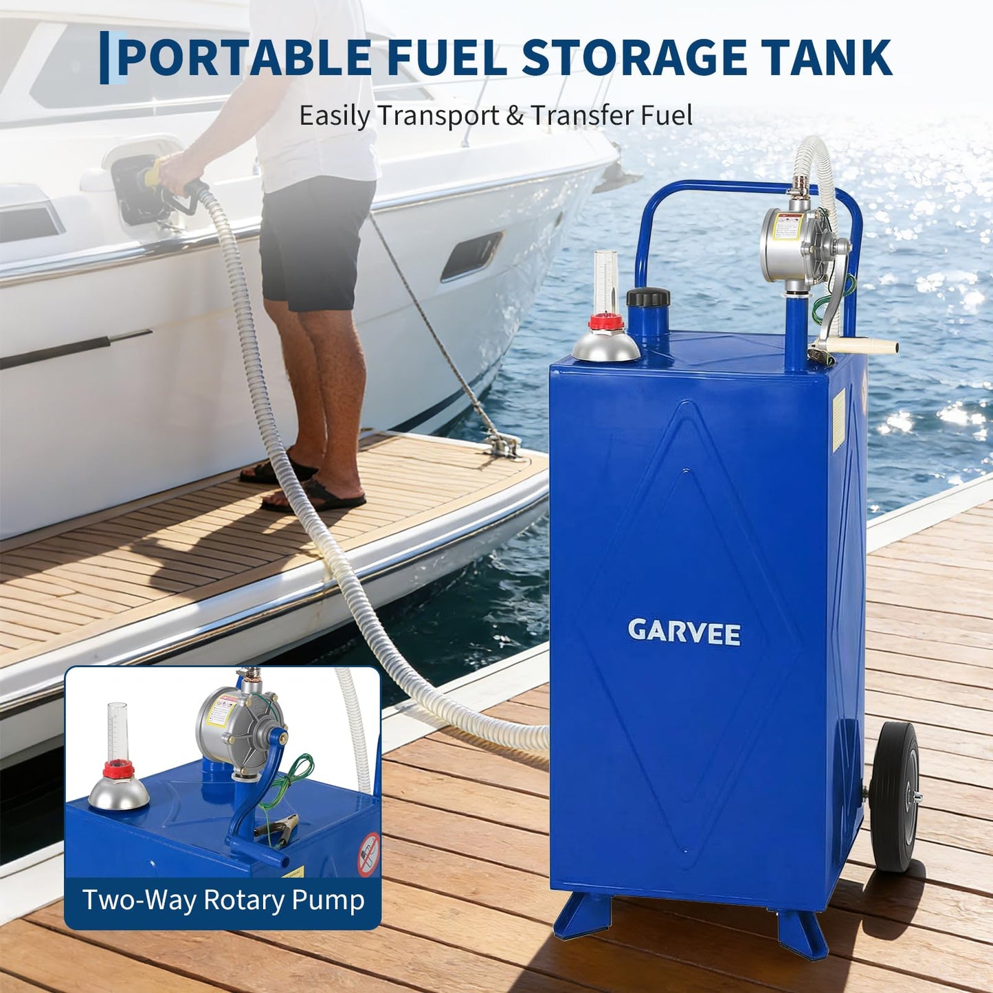 30 Gallon Fuel Gas Caddy Storage Tank, Portable Gas Caddy with Wheels, Manual Rotary Transfer Pump, Fuel Hose, Wide Fill Opening, Vent and Level Gauge, Mobile Gasoline Diesel Transfer Tank for ATV, Mower, Tractor, Car, Boat