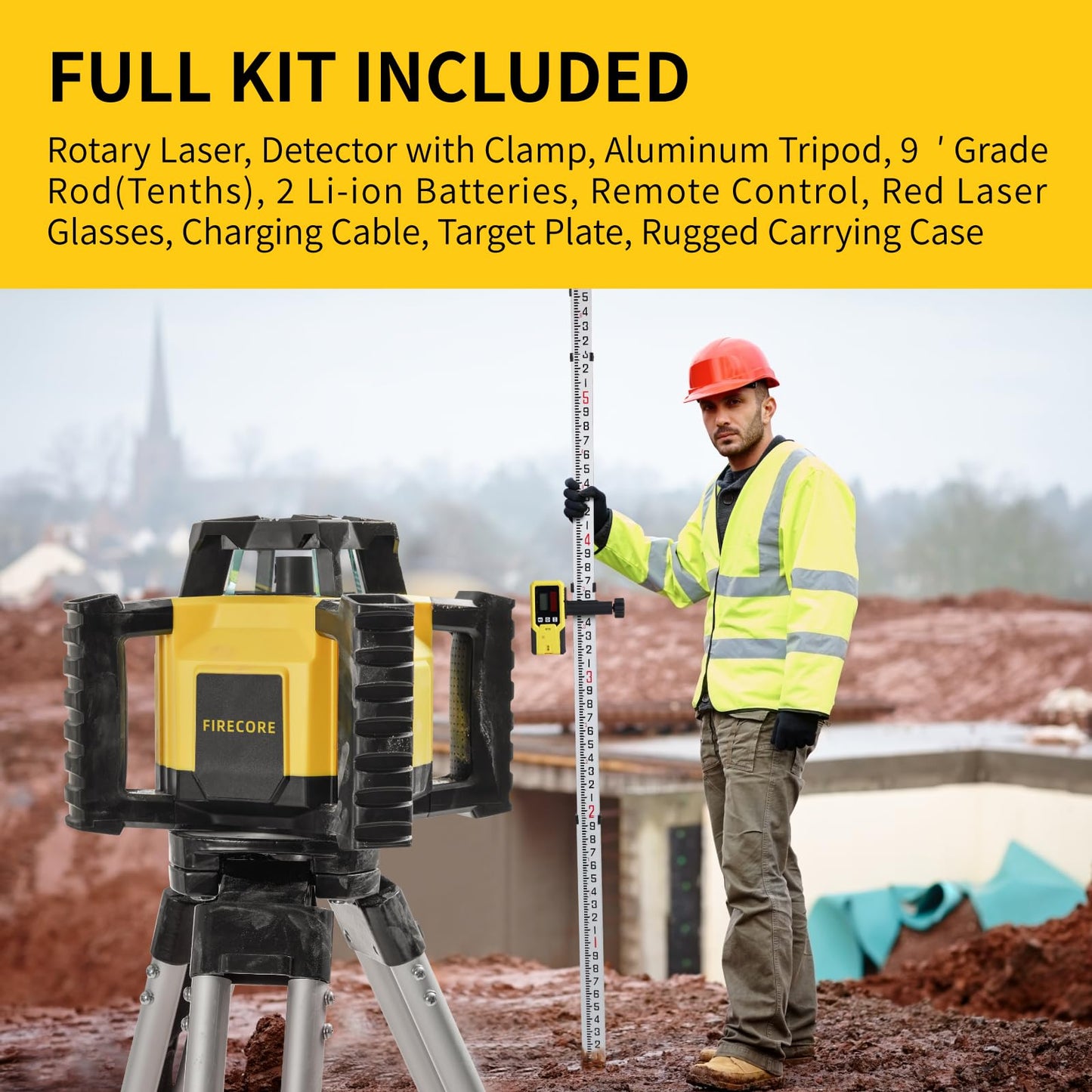 Firecore Self-Leveling Dual Slope Horizontal Rotary Laser Level Kit, 1969-Foot Range, IP55 Rated, Includes Tripod, Grade Rod, Detector, 2 Batteries, Carrying Case, and Accessories