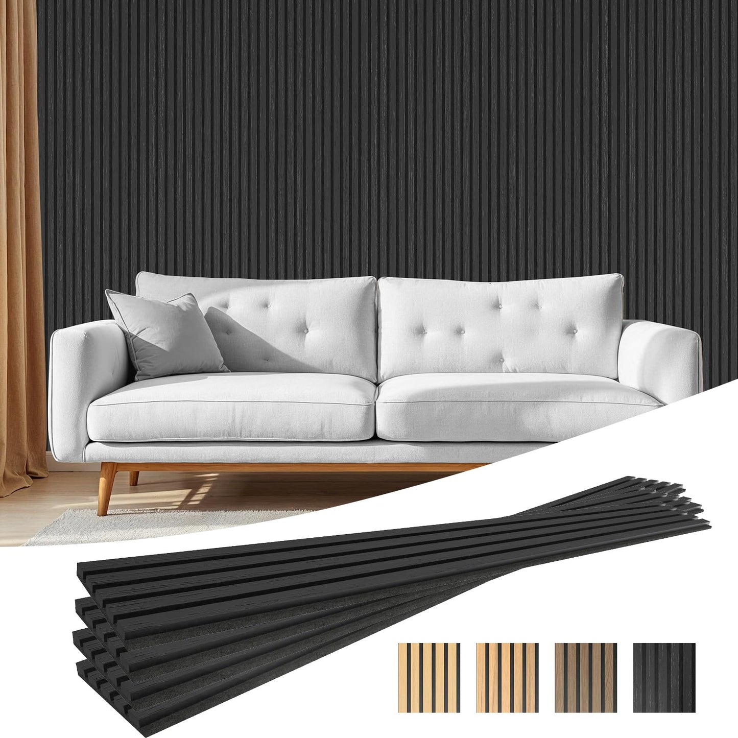 IMXPW 4-Piece Acoustic Wood Wall Panels, 3D Fluted Soundproof Wood Slat Wall Panels for Interior Wall Decor, 94.5" x 7.9"-Black