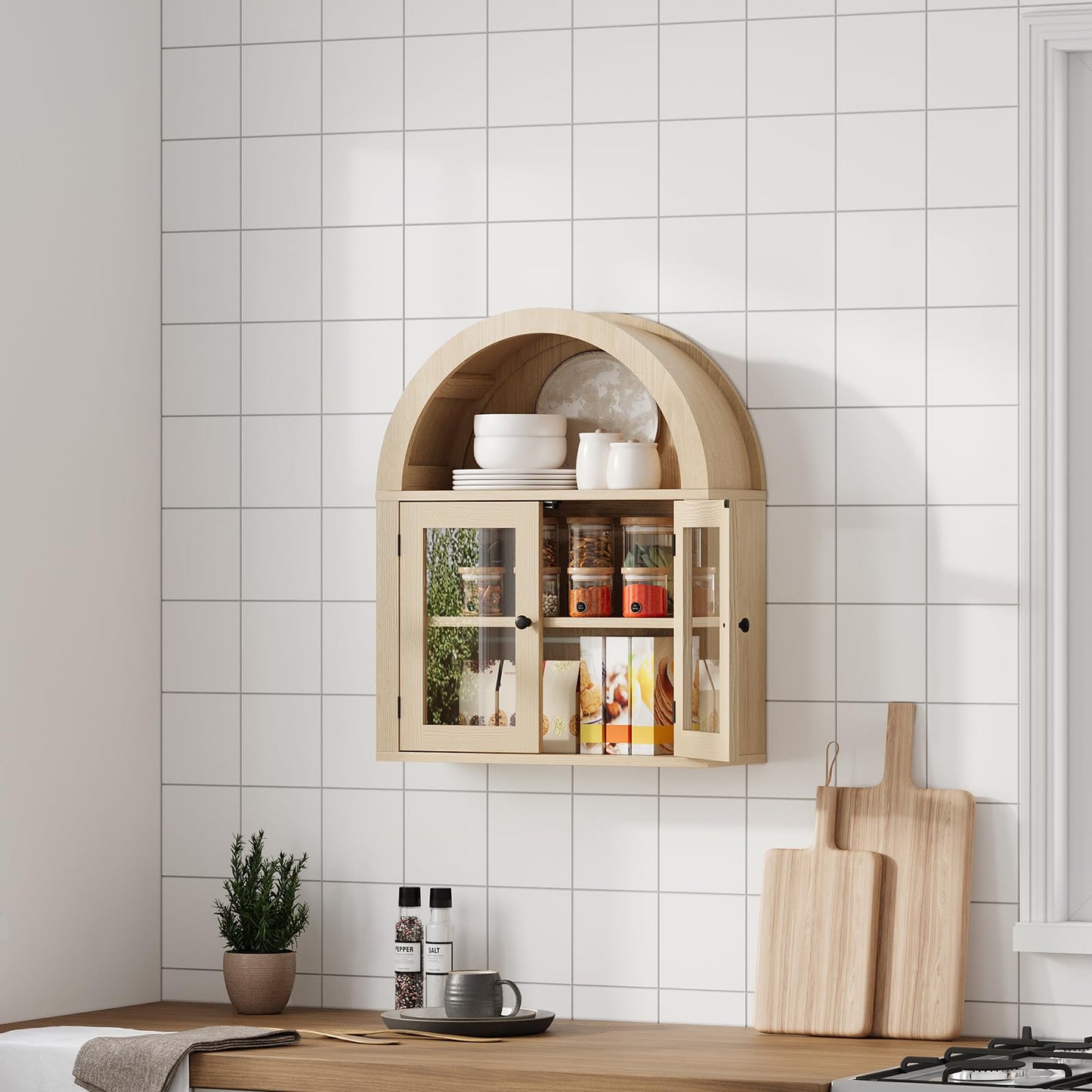 ChooChoo Arched Wall Cabinet with Acrylic Doors, Bathroom Cabinet Wall Mount Over The Toilet with Display Shelf, Wooden Storage Cabinet for Kitchen, Living Room or Entryway, Natural