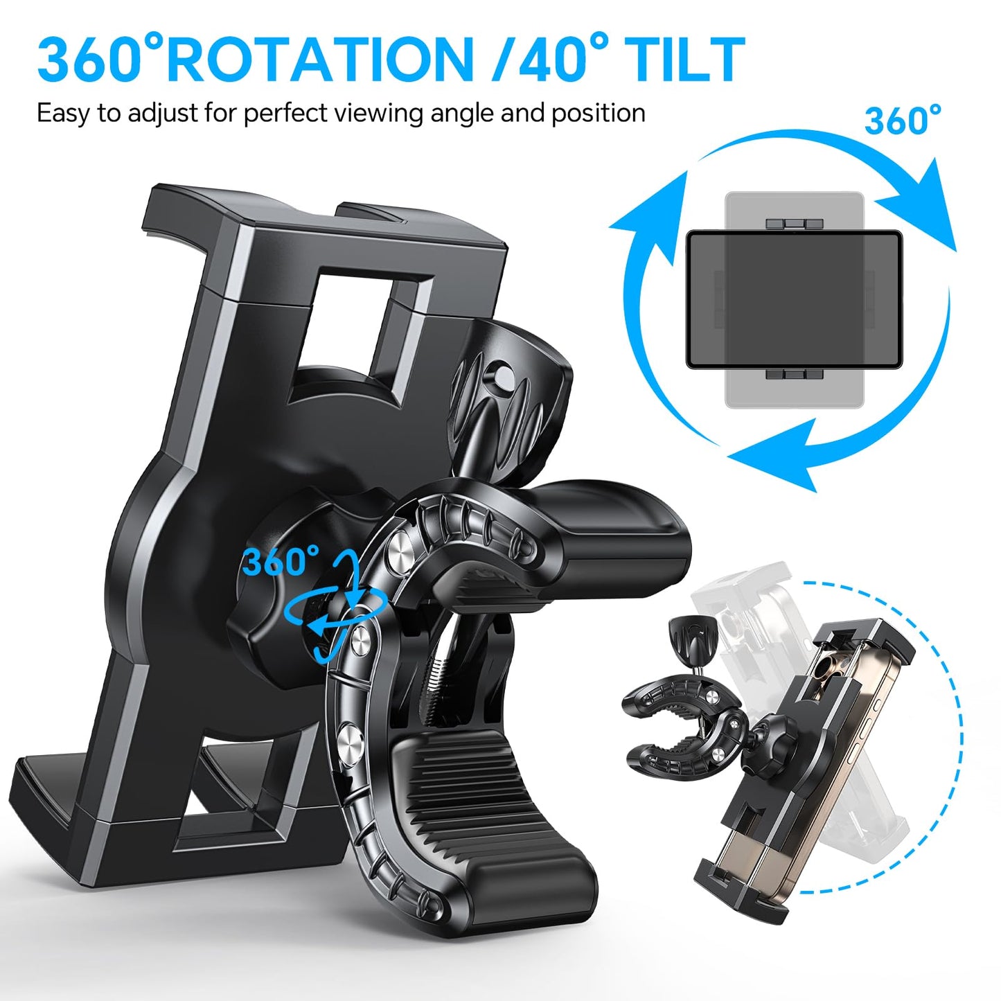 Coolpow Spin Bike Tablet Holder Mount【360° Adjustable】 Clamp Handlebar Bike ipad Holder Fit Treadmill, Stationary Bicycle,Microphone Stand Fit for iPad Pro, iPad, Galaxy Tabs, iPhone (4.7-12.9")