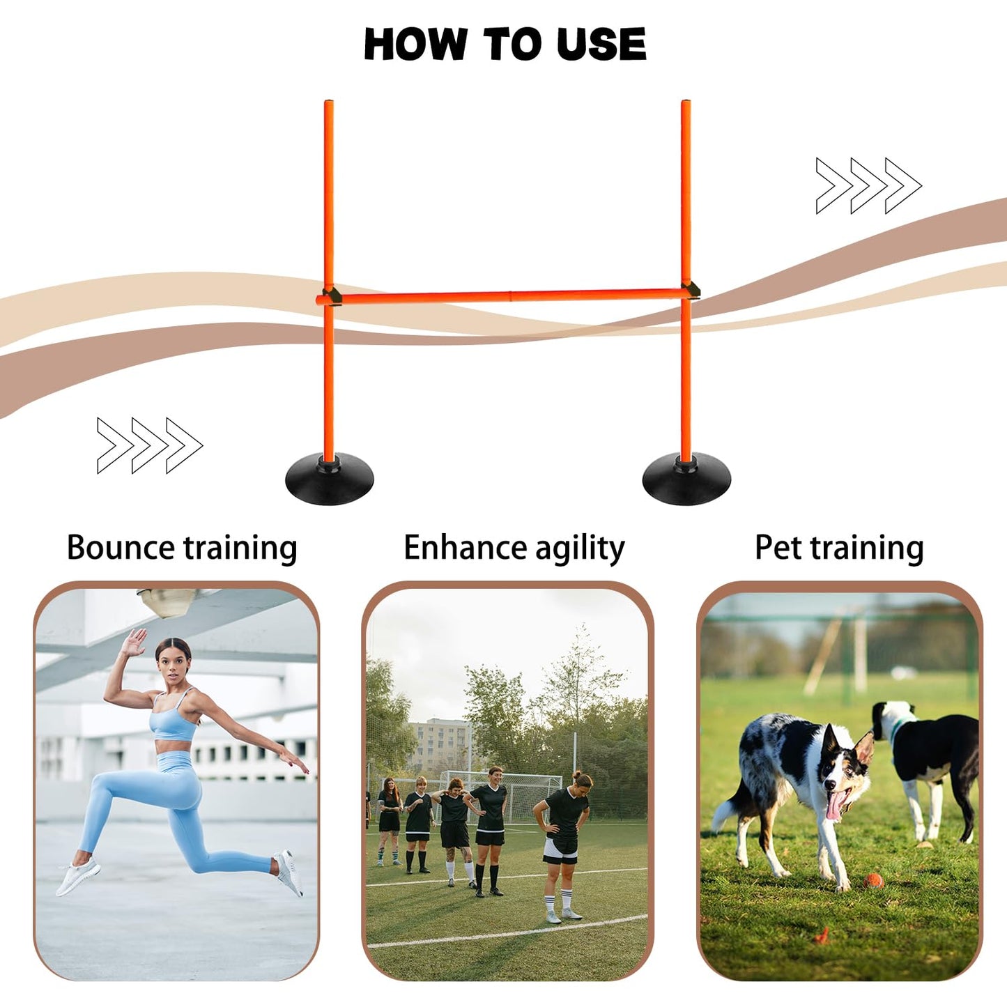 Voodans Orange Adjustable Height Agility Hurdle Set Multi-Function Soccer Trainning Pole Set Coaching Sticks with Rubber Base (Pack of 3, 3.3 FT)