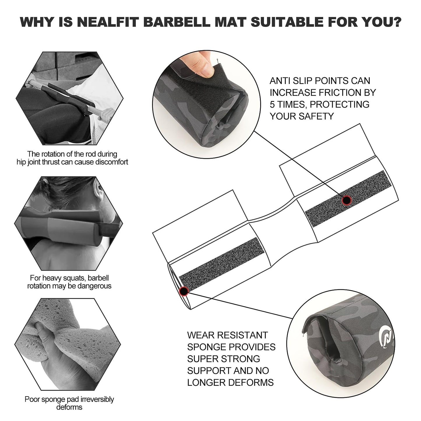 NEALFIT Barbell Squat Pad with Thick Nylon Padding, Hip Thrust Pad for Squats, Lunges, Neck Shoulder Squat Pad for Olympic or Standard Bars (Camo)