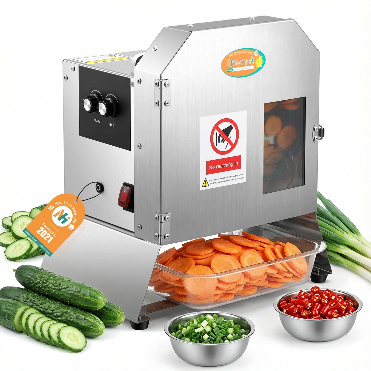 Newhai Commercial Green Onion Cutter Vegetable Slicer Machine Electric Automatic Spring Onion Slicer with Conveyor Belt 1.5-35mm Thickness Adjustable 400lb/h Stainless Steel for Kitchen Use