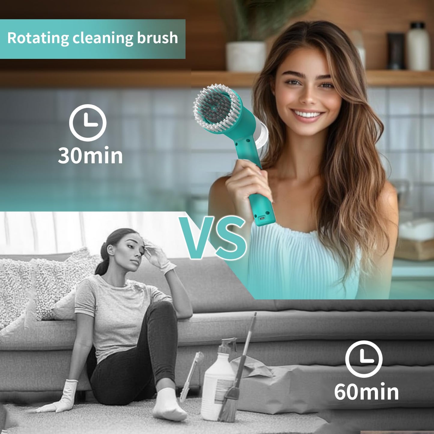SCRIB-X Dual-Rotation Electric Scrubber - IPX5 Waterproof Multi-Surface Cleaning Brush for Bathroom, Kitchen, Tile, Glass & More - Includes 4 Brush Heads (Nylon/Sponge/Crevice/Flat)