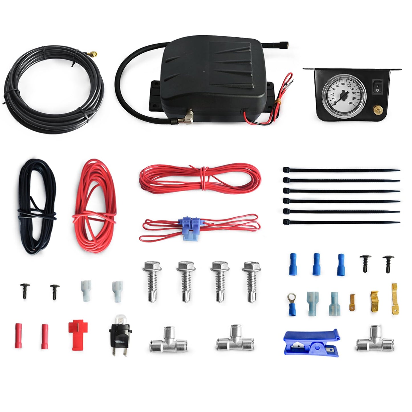 KEIYSHOLCK 25804 On Board Air Compressor System Air Shock Controller Air Compressor and Air Pressure Gauge Air Line T Fittings for Ram/Chevy/Ford/Silverado/GMC Trucks Vans