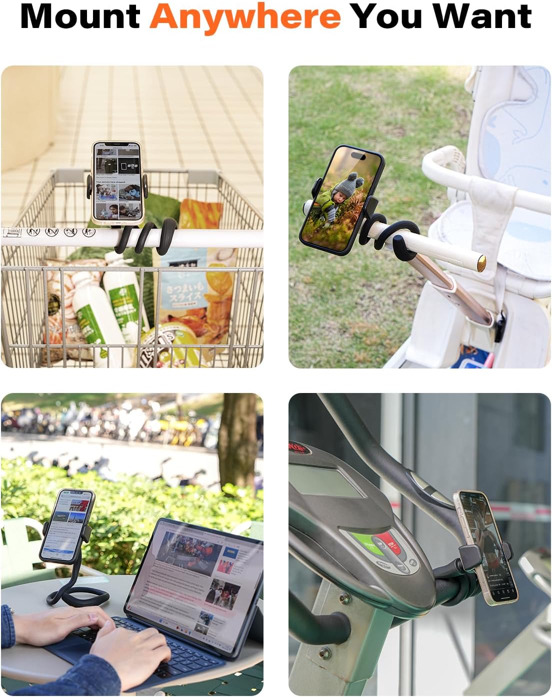 A2C 16.5 4.7-6.9" Flexible Phone Holder for Treadmill, Peloton, Stroller, Shopping Cart, Desk, Portable Gooseneck Long