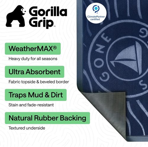 GORILLA GRIP Waterproof All-Season WeatherMAX Doormat - Natural Rubber, Stain & Fade Resistant, 29x17, Blue Sailing