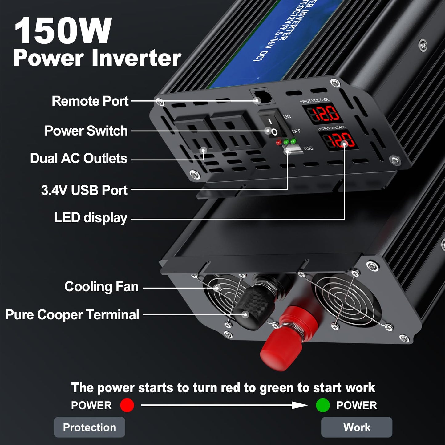 3000W Power Inverter 12V DC to 110V/120V AC Converter, 6000W Peak, LCD Display & Remote Control, Dual AC Outlets & USB Port for RV Truck Solar System, Emergency Backup, Outdoor Camping
