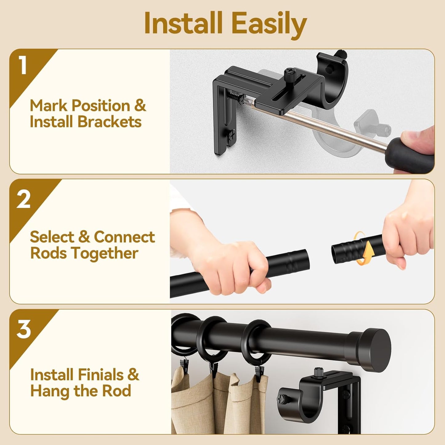 YaFex Curtain Rods - Heavy Duty 1 Inch Adjustable Window Treatment Rods | 32-118 Inch, Black Finish