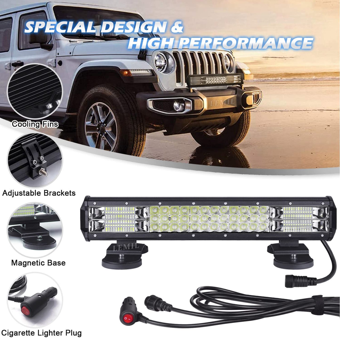 LEMIL LED Light Bar 18'' 252W Magnetic Light Triple Row Lights Cigarette Lighter Plug Flood Spot Combo Beam 12V Work Light High Power Wire Harness Kit Fog Driving Light Offroad Truck 4x4 Pickup ATV