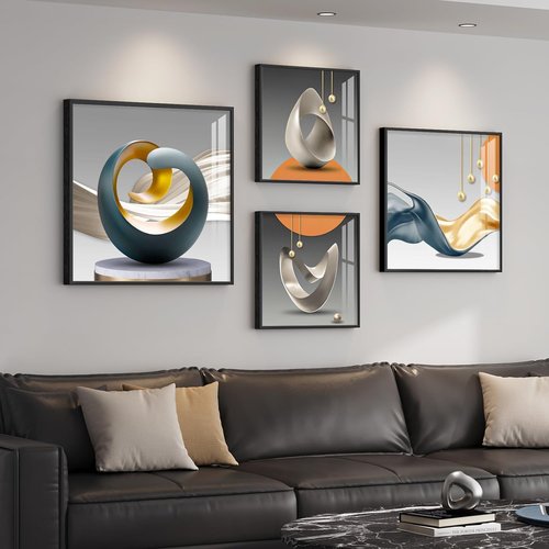 Framed Modern Wall Art Set by [Brand Name] - Abstract Geometric Prints in Orange, Gray & Gold | 4 Piece Collection for Living Room, Bedroom & Office