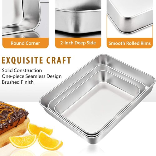 E-far Stainless Steel Baking Pans Set | 3-Piece Rectangle Bakeware for Cake, Lasagna & Brownies - 12.5/10.5/9.4 Inch, Non-Toxic & Dishwasher Safe