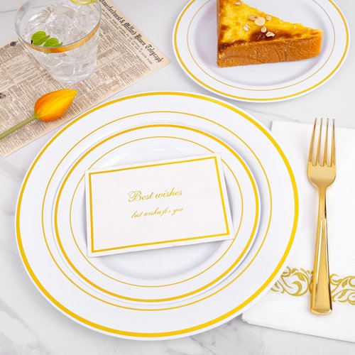 I00000 350Pcs Gold Dinnerware Set for 50 Guests, Gold Plastic Plates for Party, Include: 100 Disposable Plastic Plates, 50 Paper Napkins, 50 Cups, 50 Silverware Set Perfect for Party & Wedding