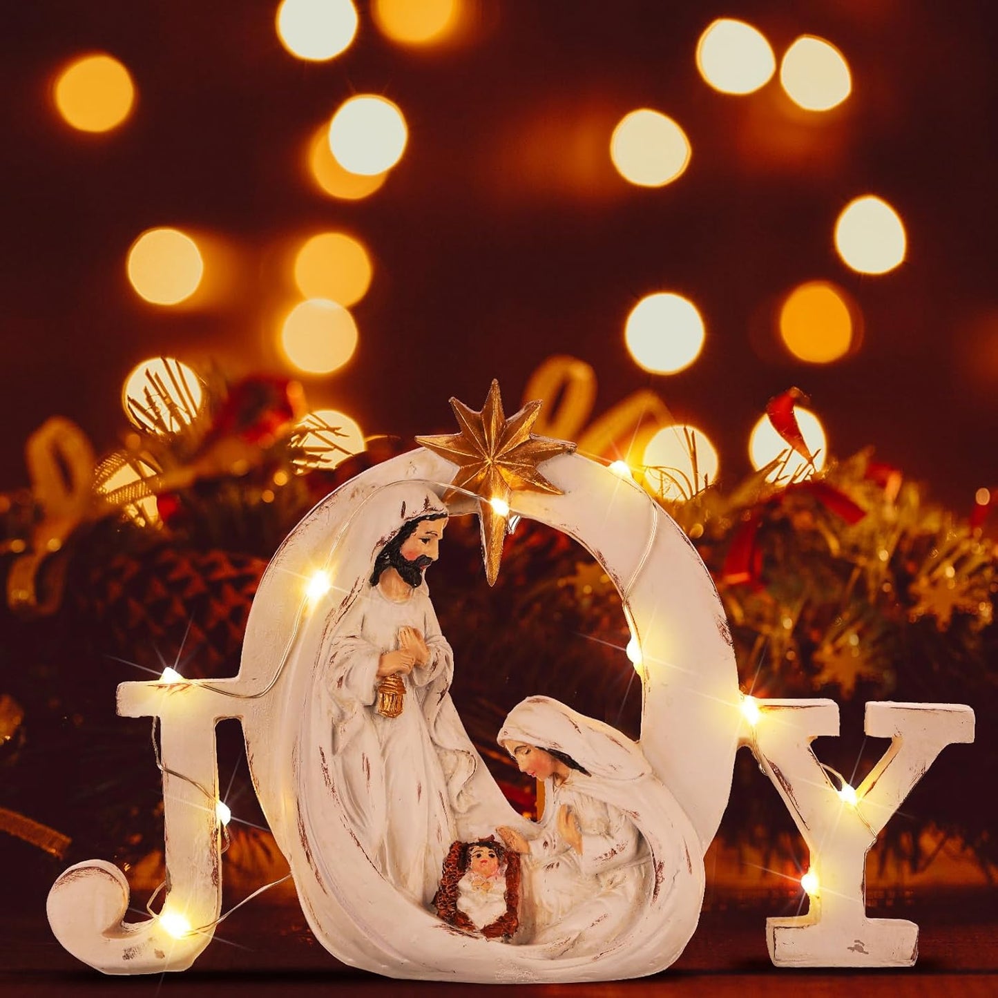 Soaoo Christmas Nativity Scene - LED String Lights & Holy Family Figure Set | Indoor Tabletop Decor