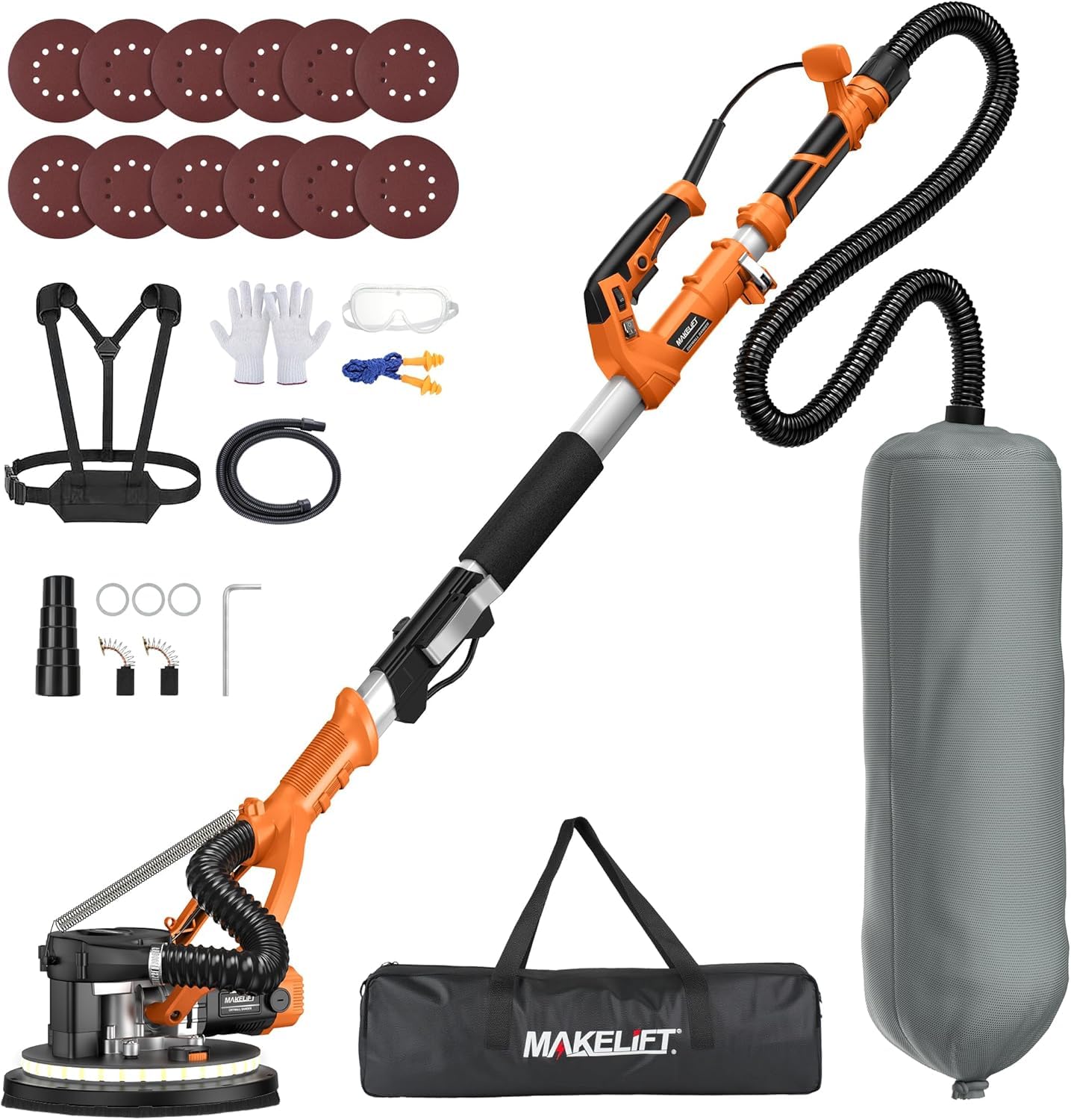 Drywall Sander with Vacuum Dust Collector, 1050W 7.33A Popcorn Ceiling Removal Tool, LED Light, 5 Variable Speed 1000-2100RPM, Foldable & Extendable Handle, 12 Sanding Discs
