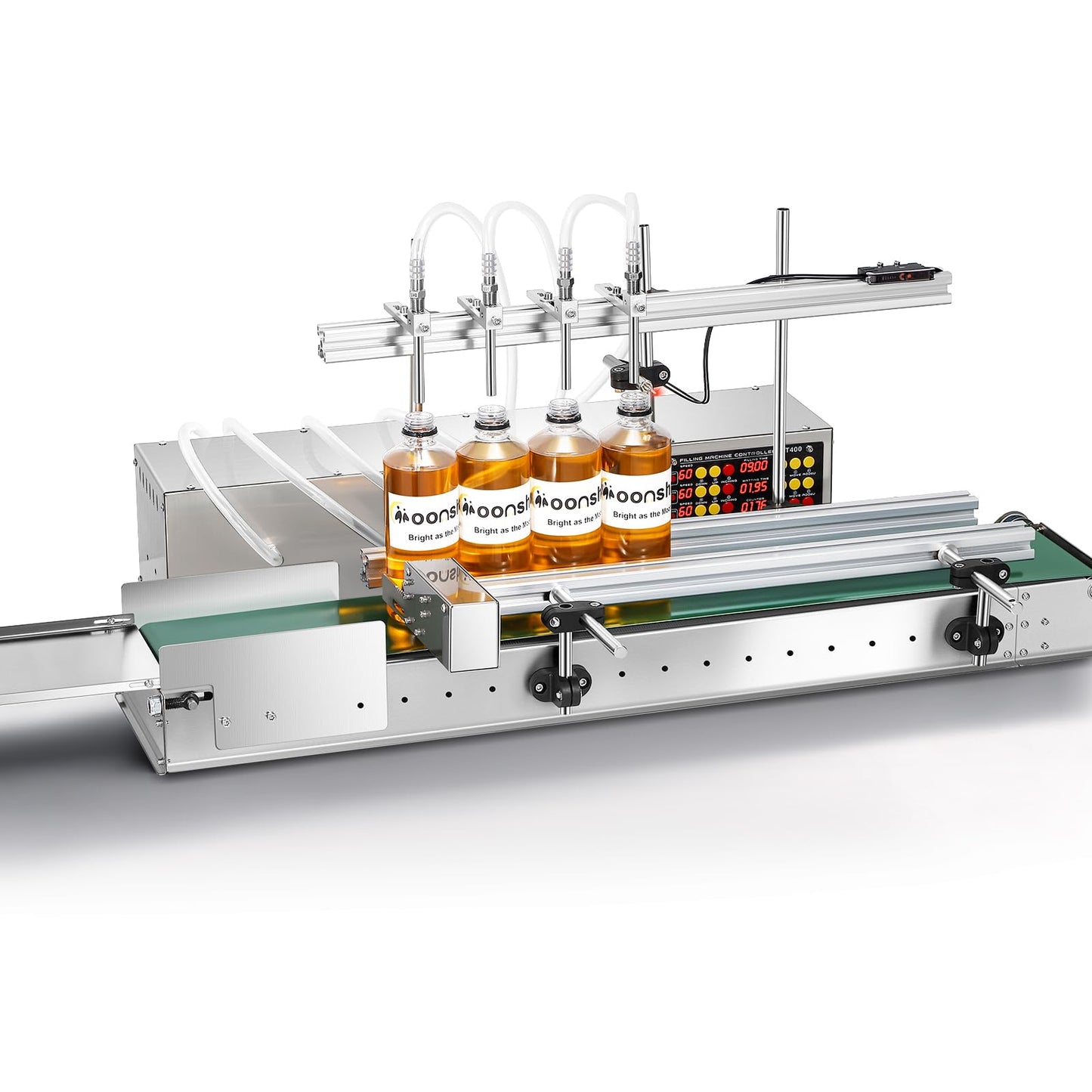 Moonshan 4-Nozzle Automatic Liquid Filling Machine Line 1-30 Ounce Bottle Filling Machine Bottle Filler with 35 Inch Belt Conveyor Desktop Version for Juice Wine Detergent
