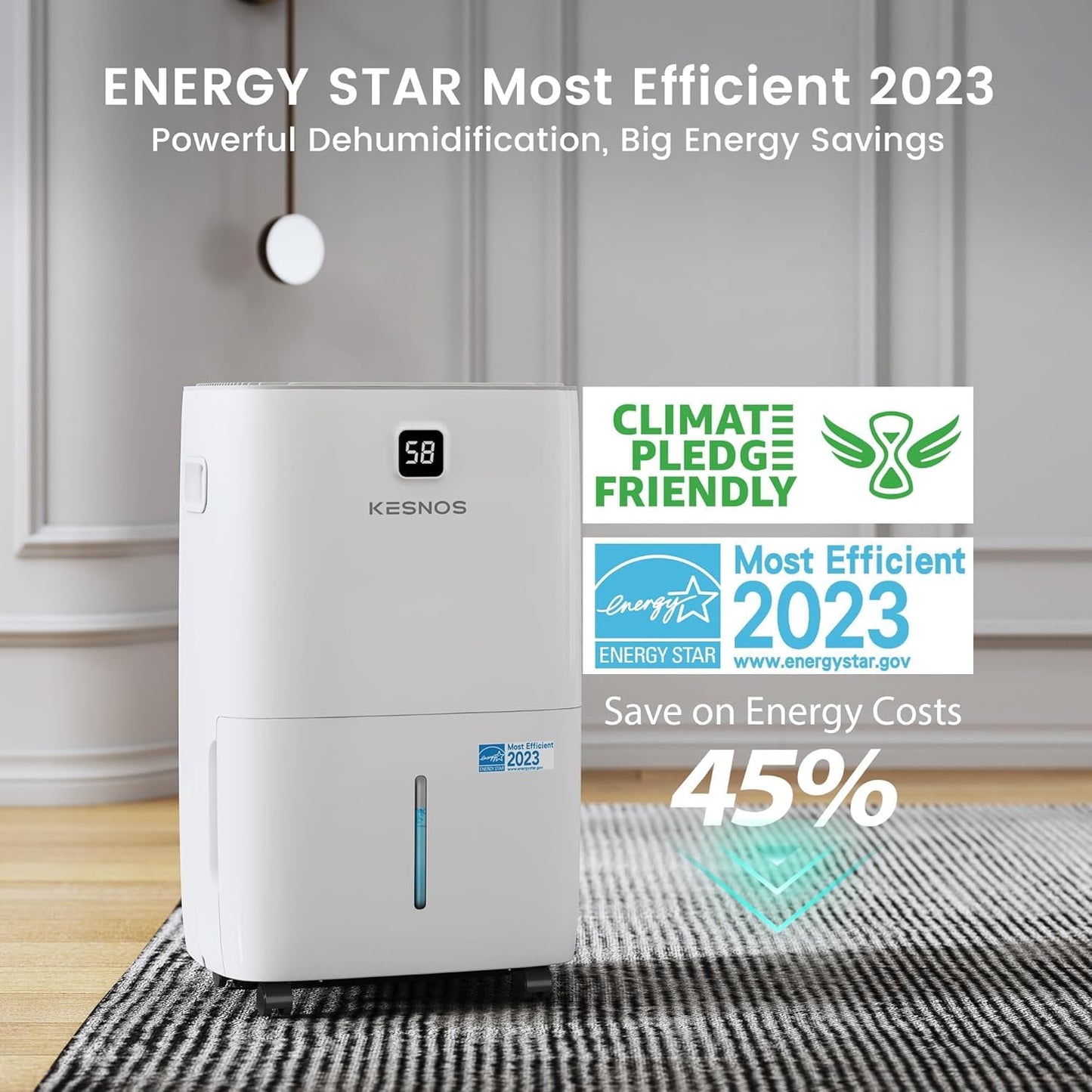 Kesnos 80 Pints Energy Star Dehumidifier for Home, Basement with Drain Hose, Front LED Display and 1.06 Gal Water Tank, Ideal for Large Room up to 5,500 Sq. Ft., Featuring Auto Defrost, Timer Function