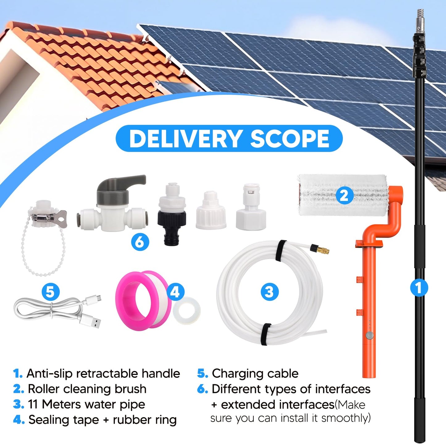 Electric Solar Panel Cleaning Brush and Pole, 20FT Telescopic Cleaning Roller Brush with Water Fed Pole，2 Hours Runtime, 2 Spin Speeds, for Solar Panlel, Outside High Window, Roof (Orange)