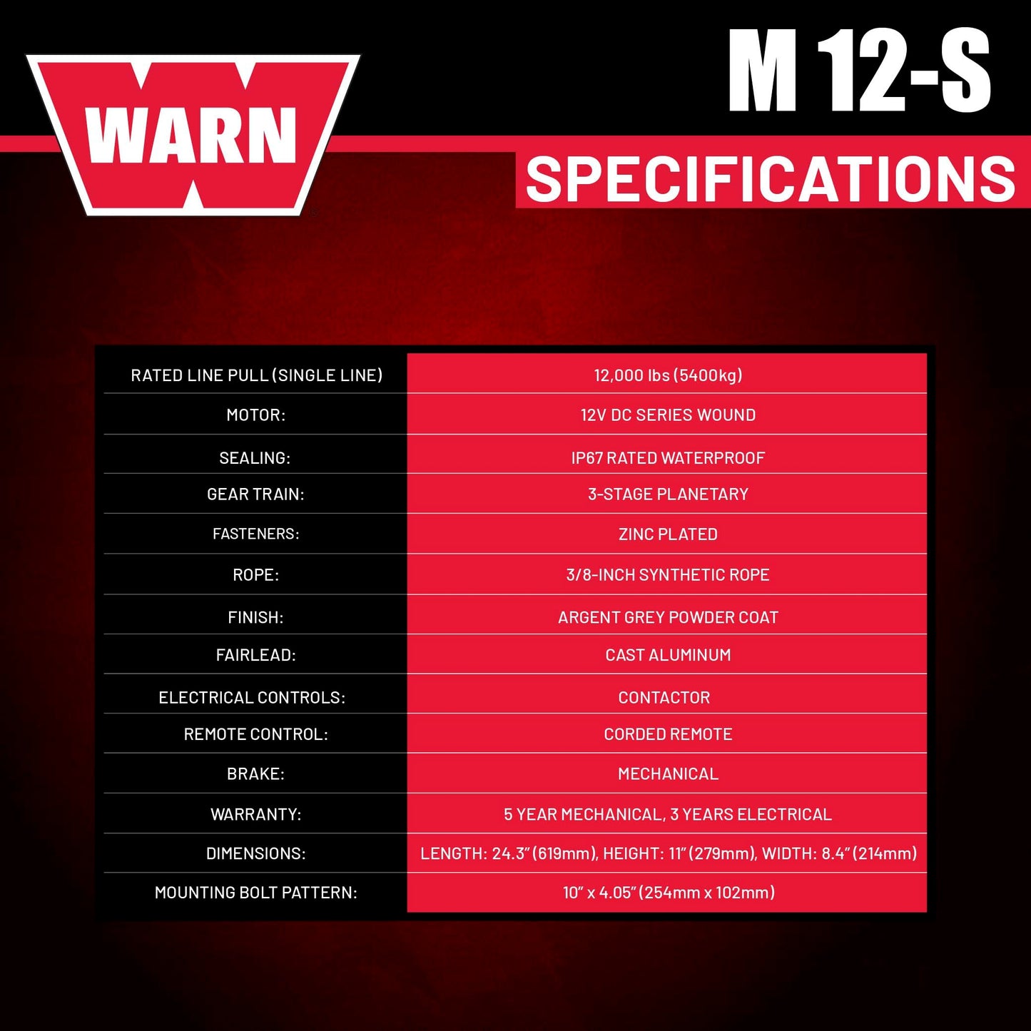 WARN M12-S Electric 12V Heavyweight Winch – 12,000 lb Pulling Capacity, Synthetic Rope, Sealed Motor, IP68 Waterproof, All-Metal Gear Train for Off-Road Recovery & Industrial Use