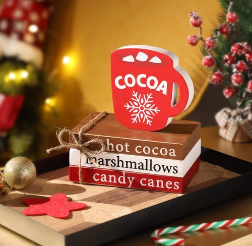 KORMMCO Christmas Wood Decor - Hot Cocoa Decorative Book Stack for Tiered Tray | Mini Faux Book Decor