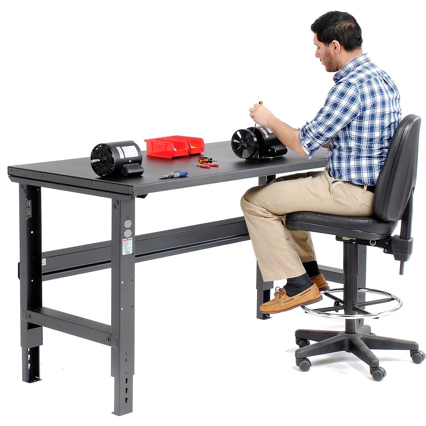Global Industrial Adjustable Height Workbench C-Channel Leg, 60" W x 30" D, 1-1/2" 12-Gauge Steel Top with Square Edge, 2000 Lbs. Capacity, Black, Industrial Workbench