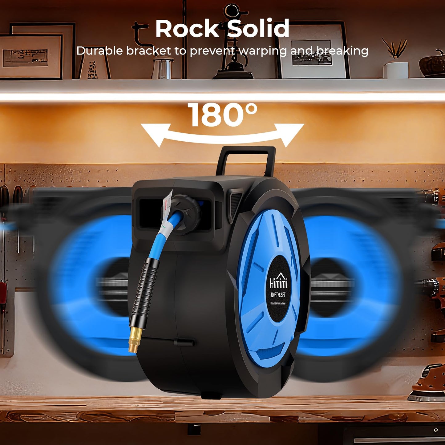 Retractable Air Hose Reel, 3/8" x 100 Ft Hybrid Hose Air Compressor Hose Reel with 6.5 Ft Lead-in Max 300 PSI, Air Hose with Any Length Lock, Automatic Rewind, 180° Swivel Bracket, Quick Coupler