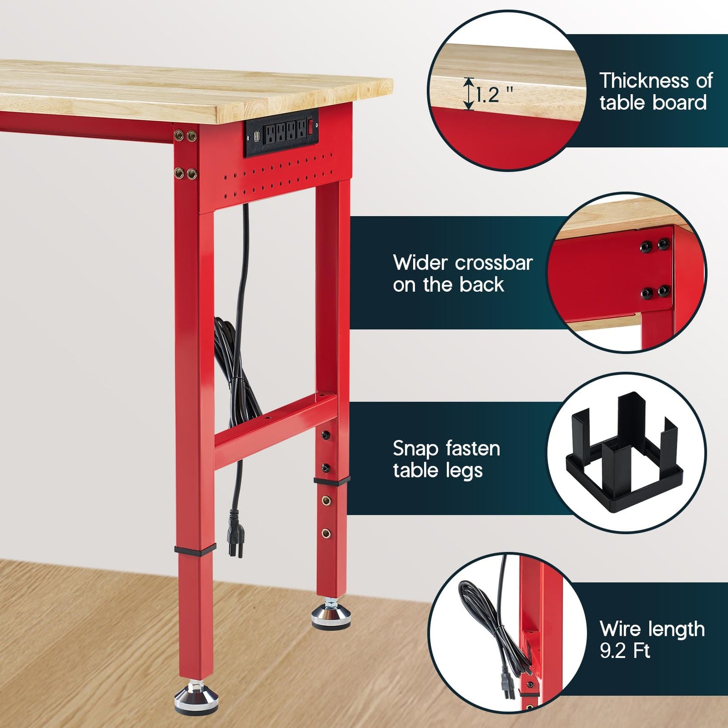 Albott 84x24 in Adjustable Workbench with Power Outlets, 6000 LBs Heavy Duty Work Table with Hooks, Solid Rubber Wood Top, for Garage, Woodworking, Workshop, Home Office, Red