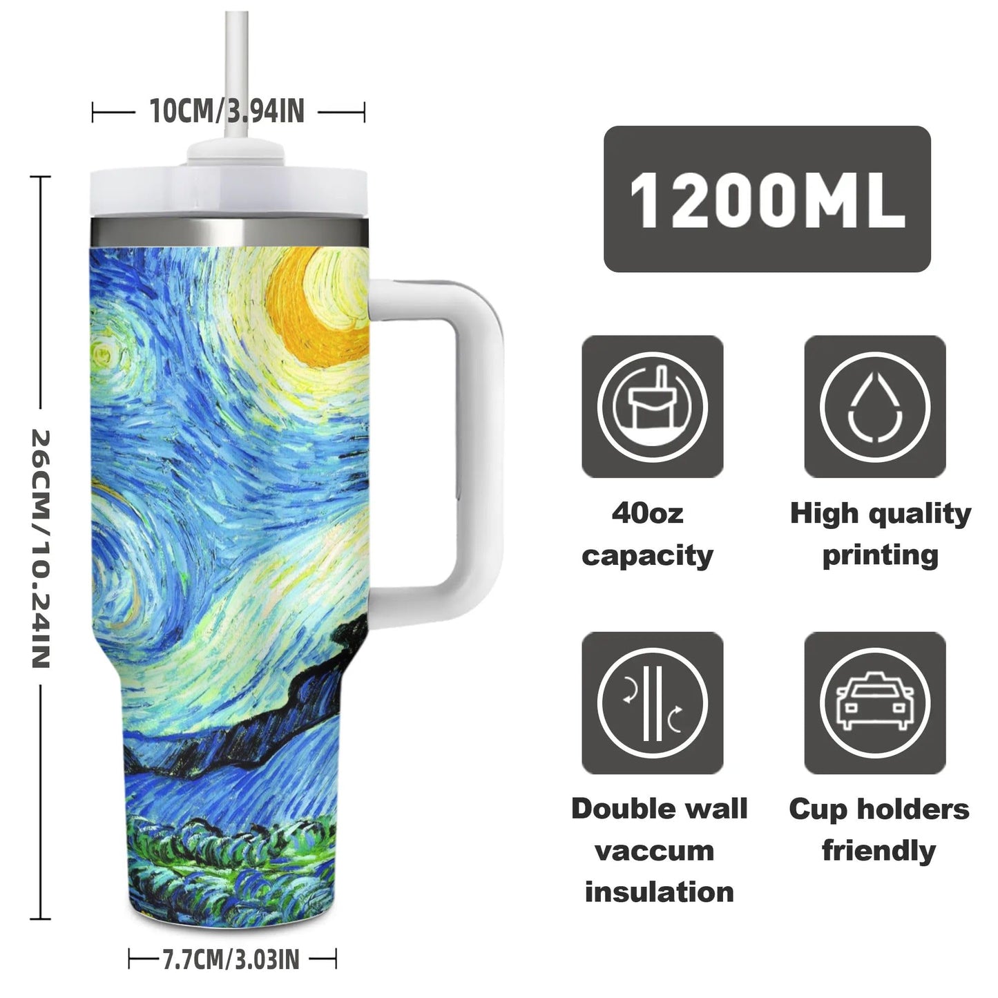 Mount Hour Starry 40 OZ Stainless Steel Tumbler with Handle Lid Straw, Ice Bully Hot/Cold Coffee Cup for Women Men Birthday Presents