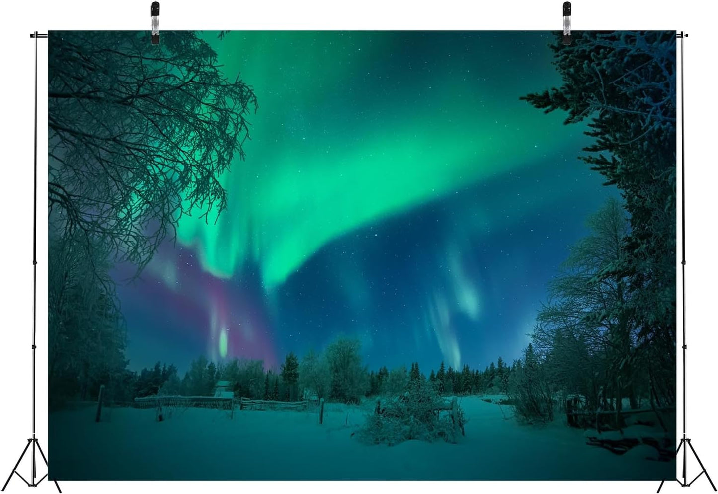 BELECO 8x8ft Fabric Aurora Borealis Backdrop Winter Forest Snowfield Northern Lights Night Sky Background Polar Lights