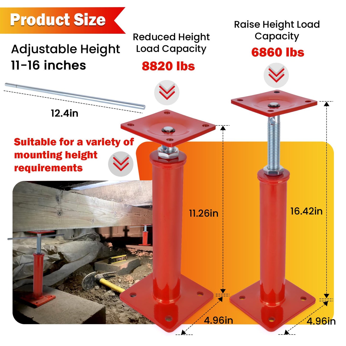4 PCS House Jacks for Leveling, Adjustable 11"-16" Height Range, 8820 lbs Capacity (Each), Galvanized Telescoping Support Jacks for Crawlspace & Basement