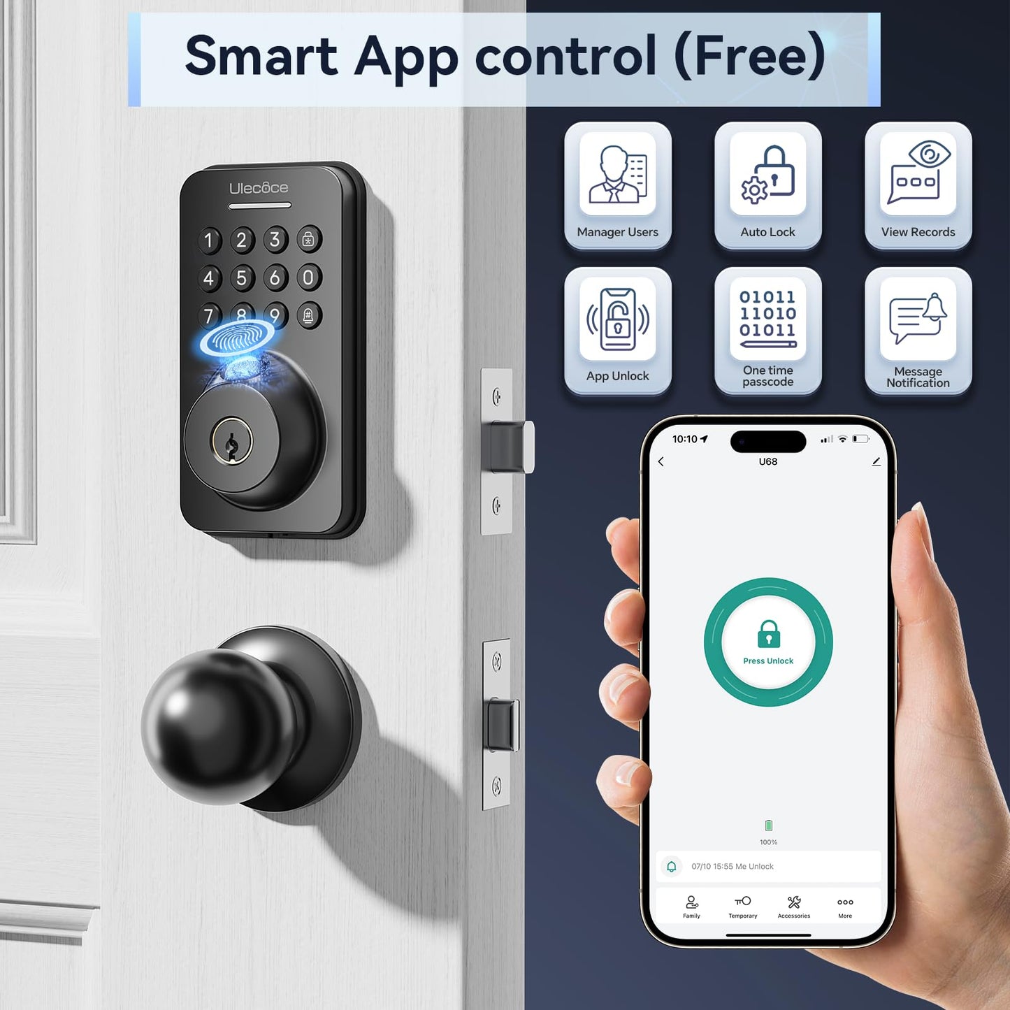 Ulecoce Fingerprint Keypad Deadbolt with Knob Set, Keyless Entry Door Lock with App Control, Door Locks for Front Door, Auto Lock＆One-Touch Lock, 100+ User Codes＆5 Keys, Easy Installation, Matte Black