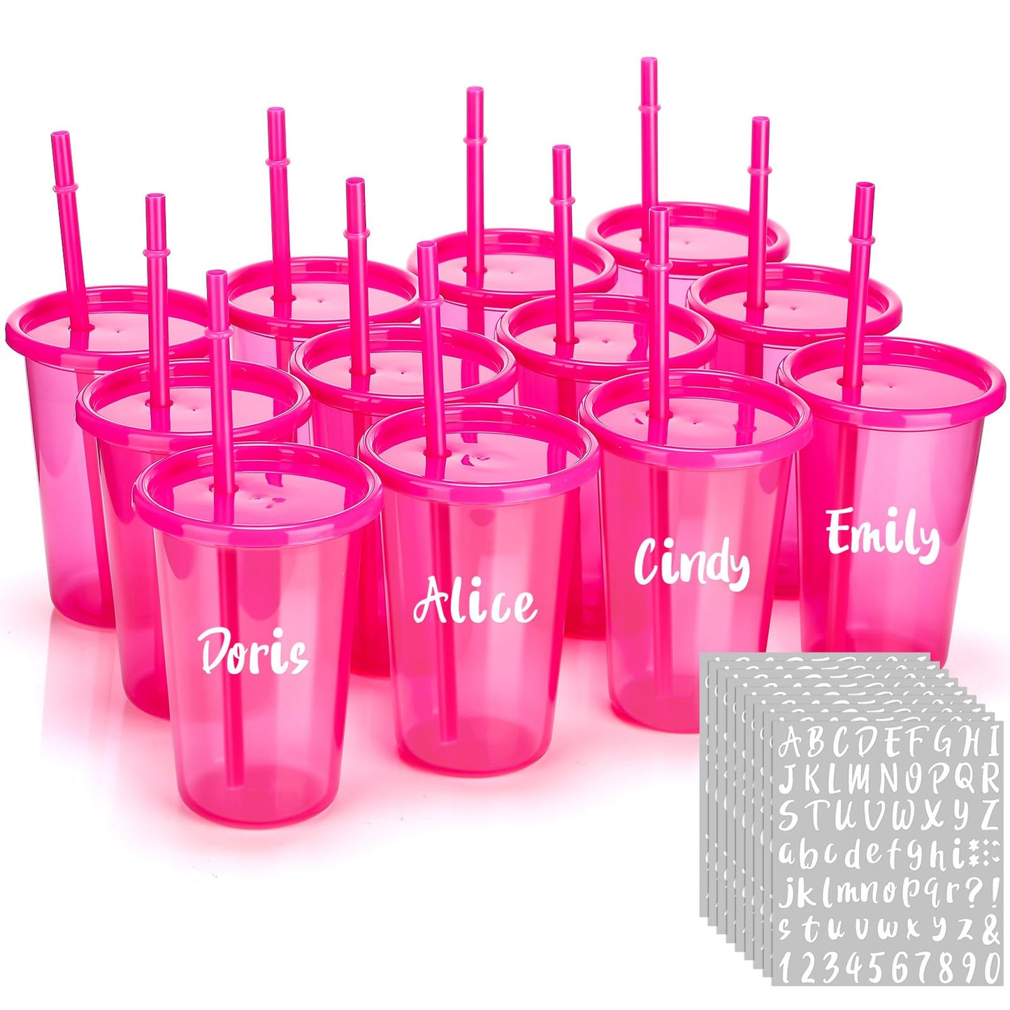 Nuanchu Plastic Cups with lids and Straws Reusable 14oz Tumbler with Sheets Letter Stickers for adult Iced Coffee Cup Travel Mug for Party Favors Beach Juices(Hot Pink,12 Pcs)