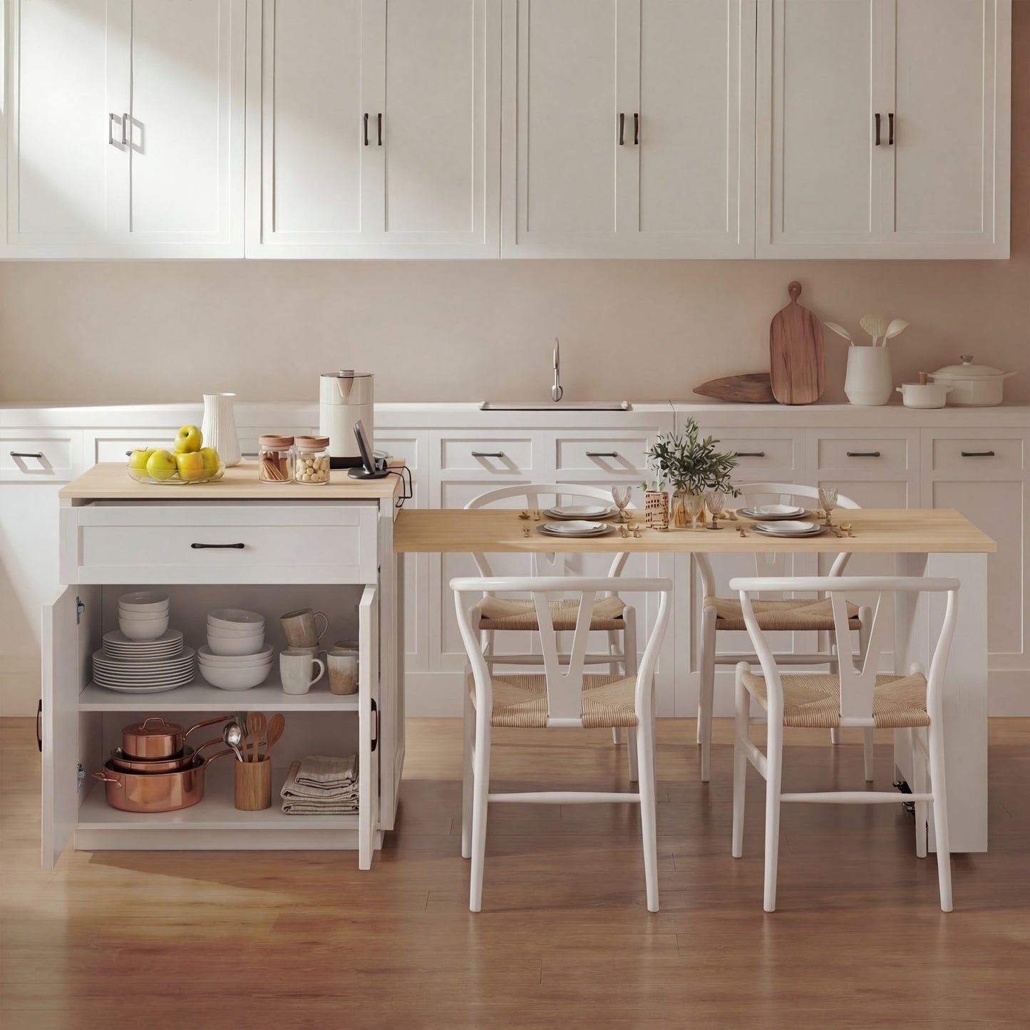 MEETFAV 82.7" Kitchen Island with Extendable Dining Table, Modern Stationary Island Table with Double-Sided Storage, Power Outlet, 2 Drawers and Side Shelves for 4-6