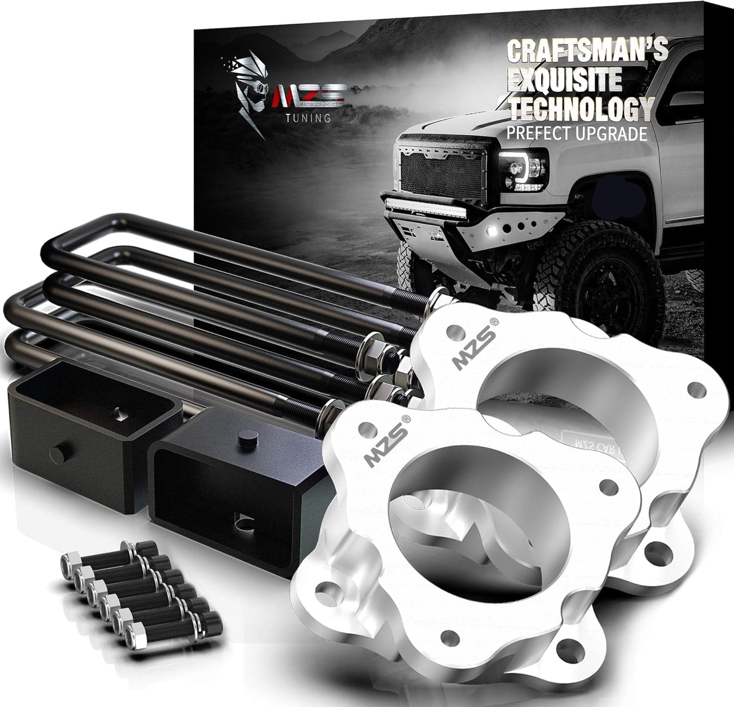 MZS Leveling Kit, 2 inch Front Strut Spacers + 2 inch Rear Lift Blocks with Extended Square U Bolts Compatible with 2007-2024 Silverado 1500/Sierra 1500 2WD 4WD