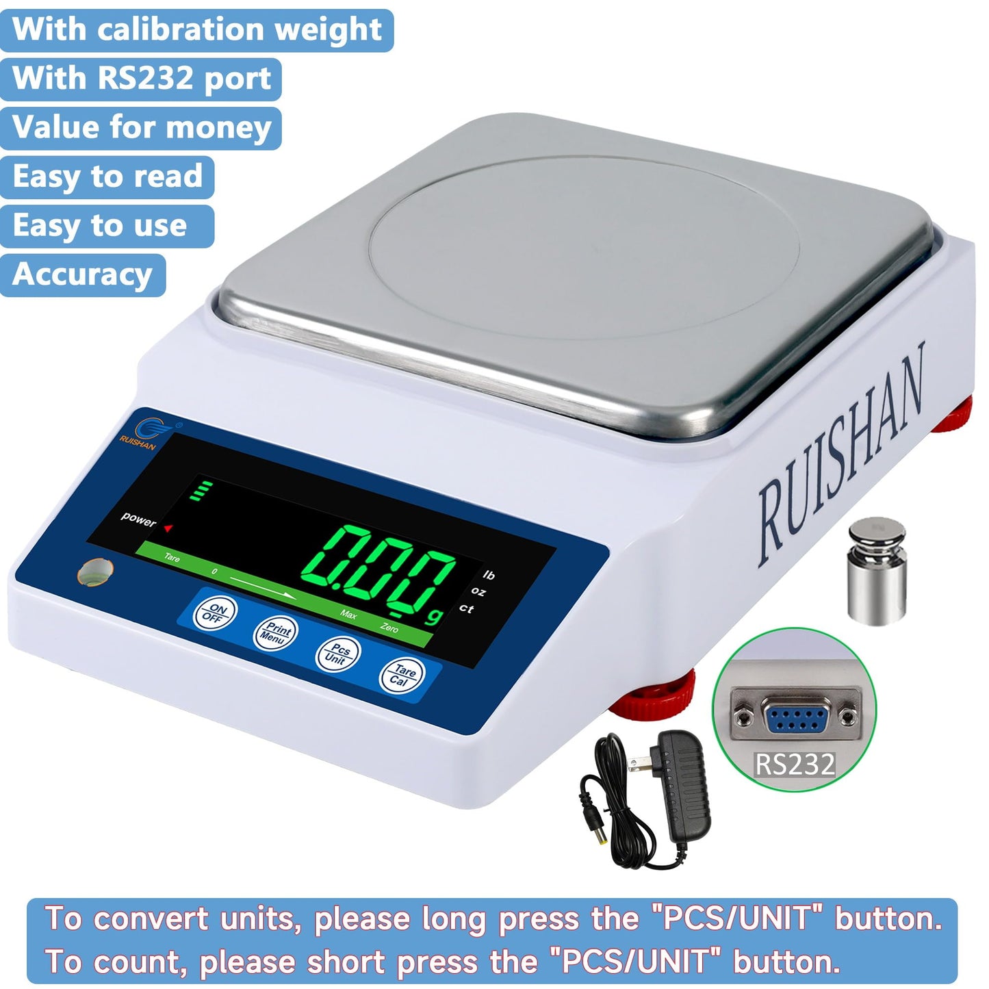 RUISHAN Lab Scale 5000gx0.01g High Precision Scientific Electronic Digital Laboratory Lab Weight Analytical Balance Scale .01g Accuracy Jewelry Pharmacy Chemistry Industria Calibrated Gram Scale