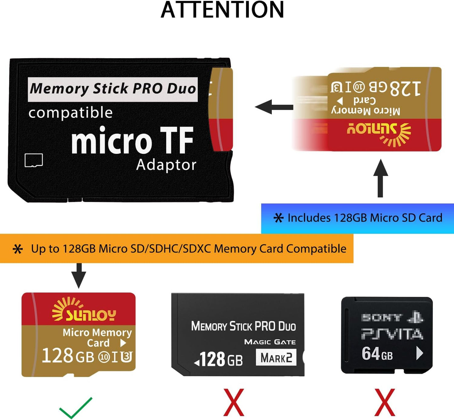 Sunloy 128GB 1000/2000/3000 PSP Memory Stick Adapter with Micro SD Card, Micro SD/SDHC/SDXC to Memory Stick PRO Duo