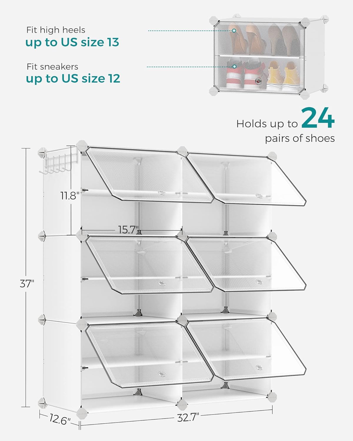 SONGMICS Shoe Rack Organizer - 6-Tier Adjustable Shoe Storage Cabinet | Holds 24 Pairs, Cloud White & Transparent