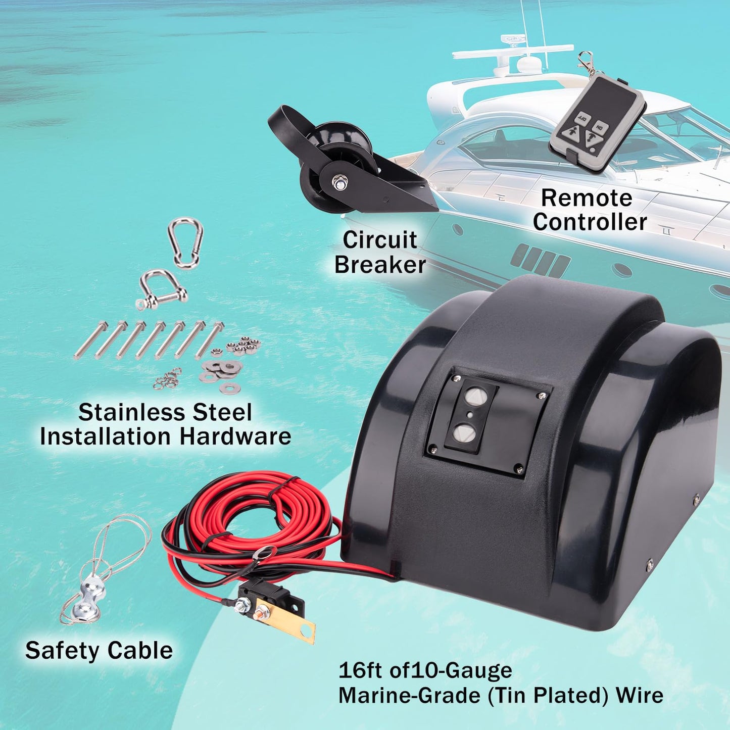 Electric Anchor Winch,Marine Anchor Winch Saltwater Boat Anchor Windlass Kit with Wireless Remote Control,Anchors Up to 45 LBS, Heavy Duty Towing Winches for Fishing Boat Pontoon Boat (45LBS, Black)