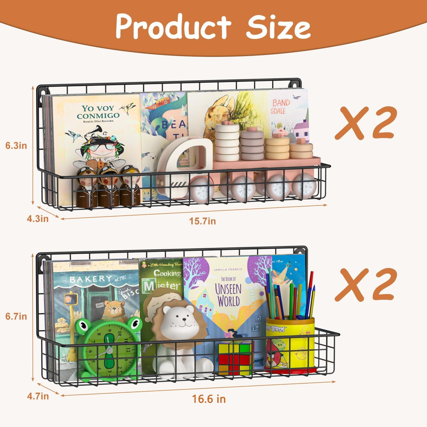 X-cosrack 4-Pack Wall Mounted Metal Kids Bookshelf, Floating Book Shelves for Kids Nursery Toddler Classroom, Hanging Book Shelf Organizer for Room Decor, Black