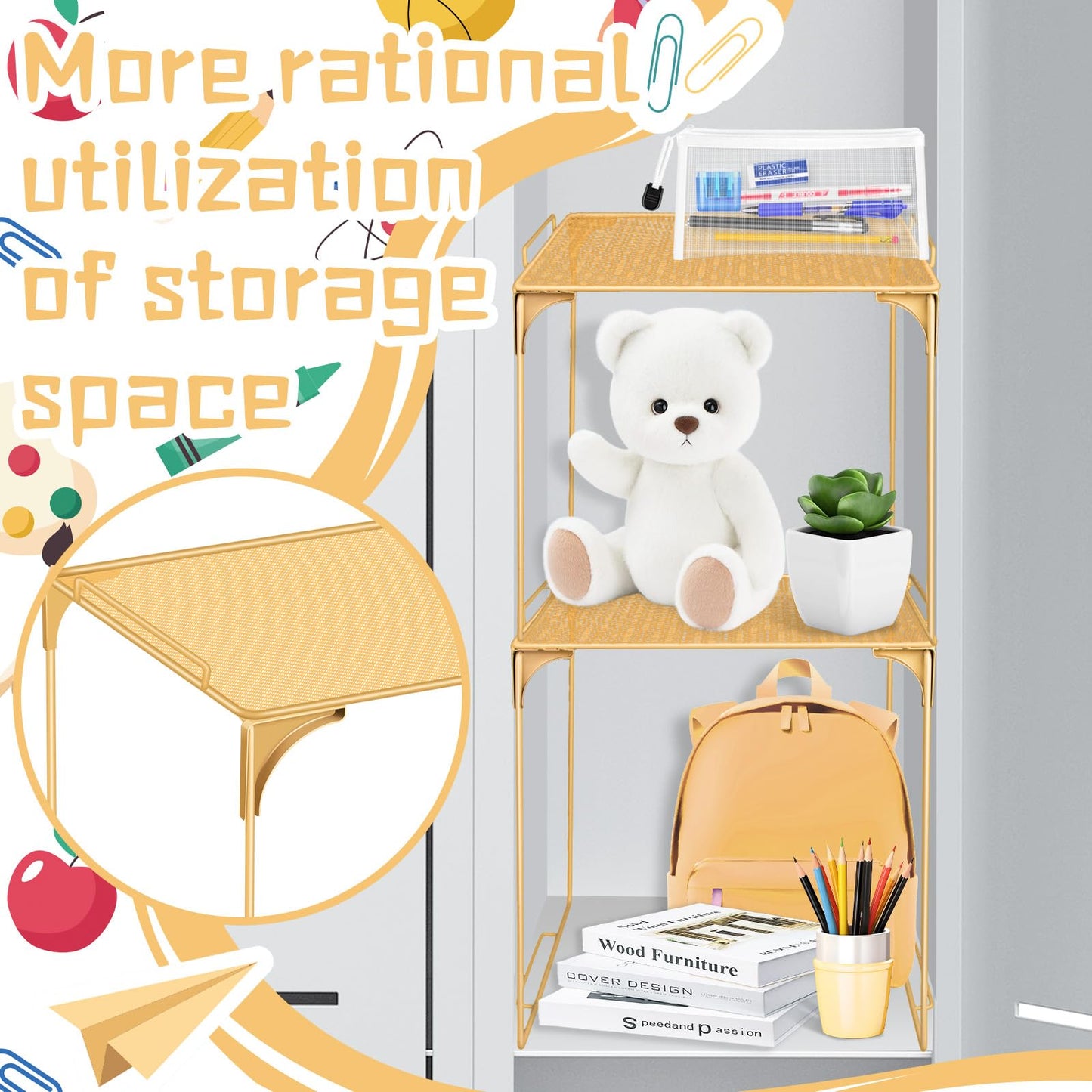 Demonwer Locker Organizer Shelf Gold Stackable Extra Locker Shelf Storage Cabinet Accessories for School Office Home Gym Supplies