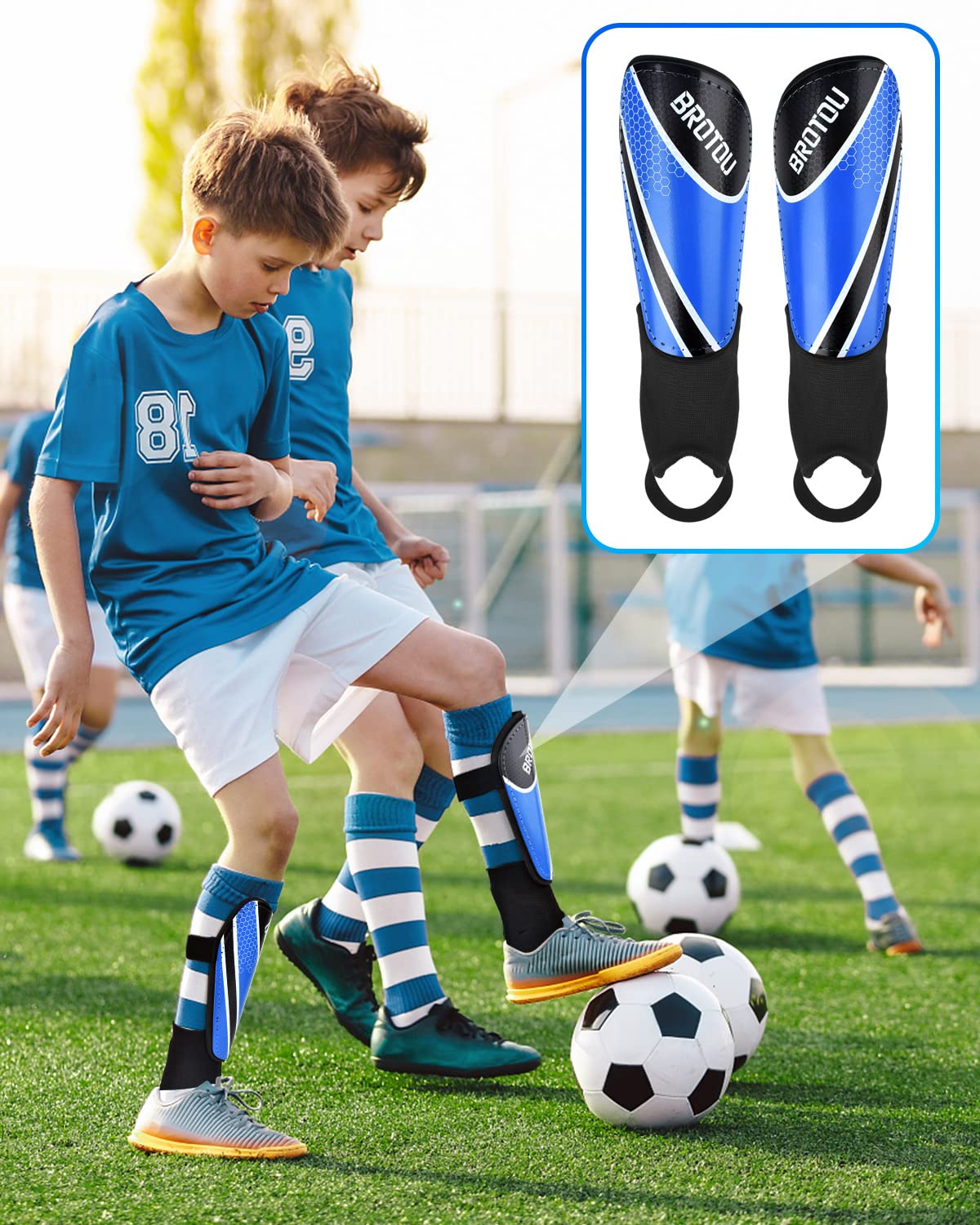 BROTOU Shin Guards Soccer Youth, Soccer Shin Guards for Kids 3-15, Light Weight Adjustable Straps Shin Pads Protection Equipment with Ankle and Leg Calf Protection (S, Blue)