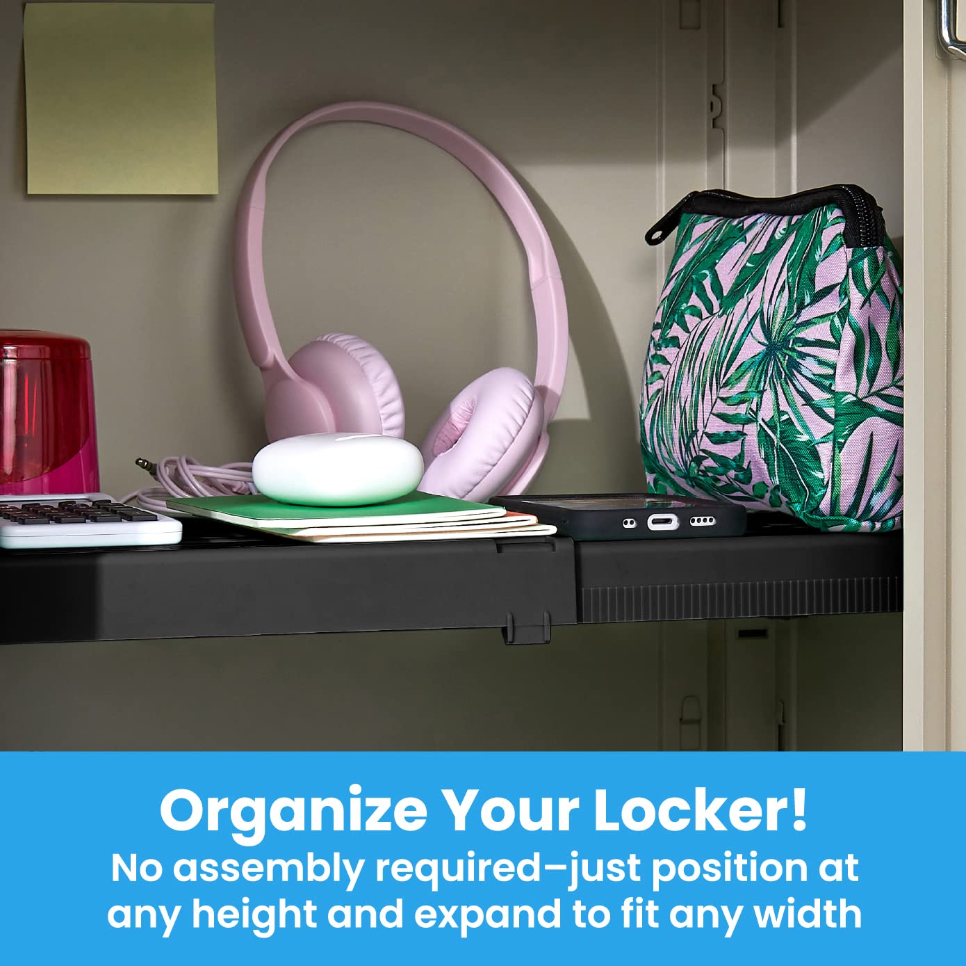 LockerMate Adjust-A-Shelf Locker Shelf, Extends to Fit Your Locker, Easy to Use, Perfect for School, Office, Gym, Black, 2-Pack