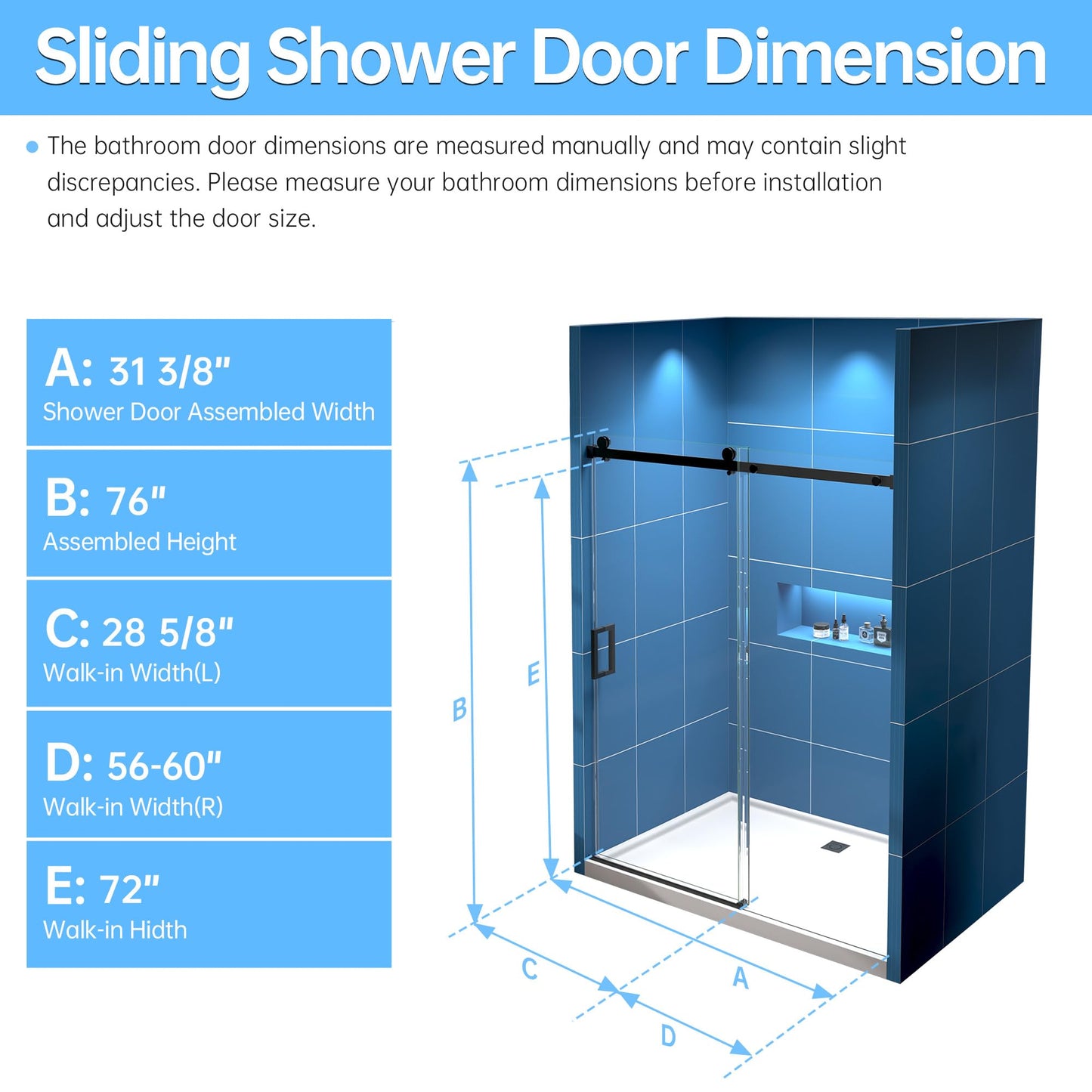 56-60" W × 76" H Frameless Shower Door, 1/4" (6mm) Tempered Glass, Sliding Glass Shower Door with Explosion-Proof Film Nano Coating, Stainless Steel Hardware, Matte Black