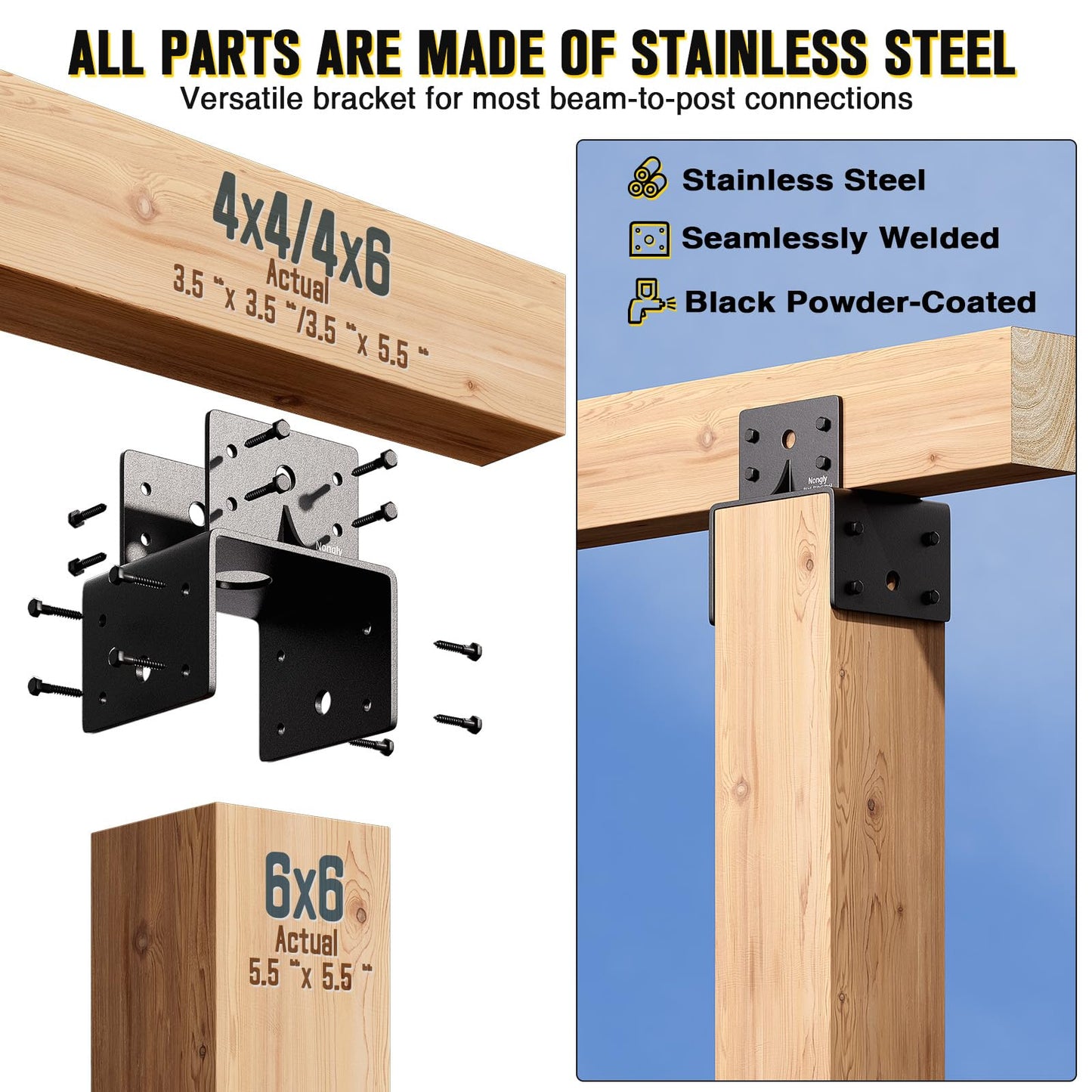 Nongly Post Anchor Connector Post Base Bracket for Supporting Wood Beams (4Pack, 6x6-4x6)