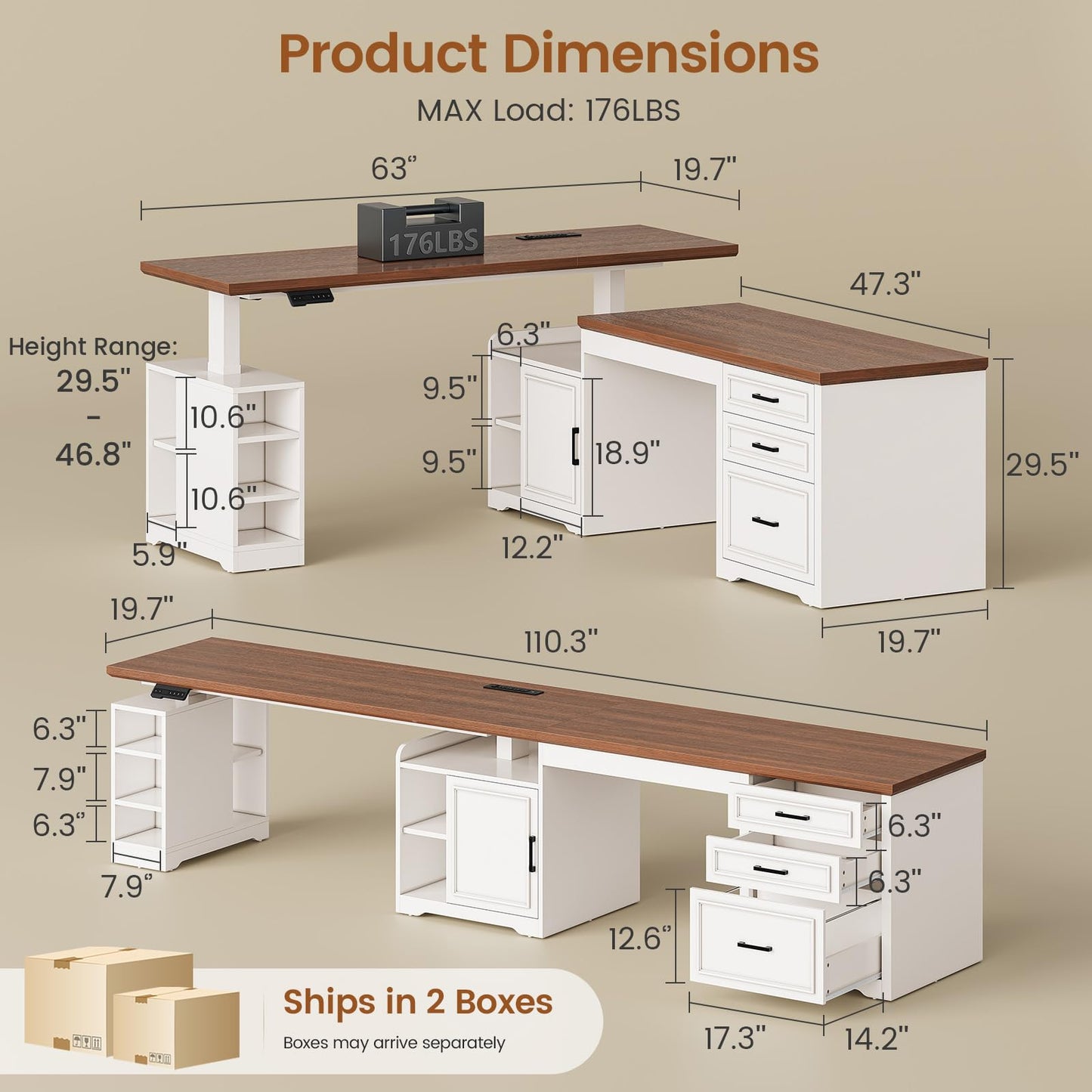 SEDETA Farmhouse L Shaped Electric Standing Desk, 63" x 67" Height Adjustable Home Office Executive Desk with Drawers, Standing Computer Desks with Power Outlet for Home Office, White+Brown